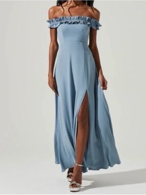 ASTR off Shoulder Ruffle Maxi Dress in Light Blue